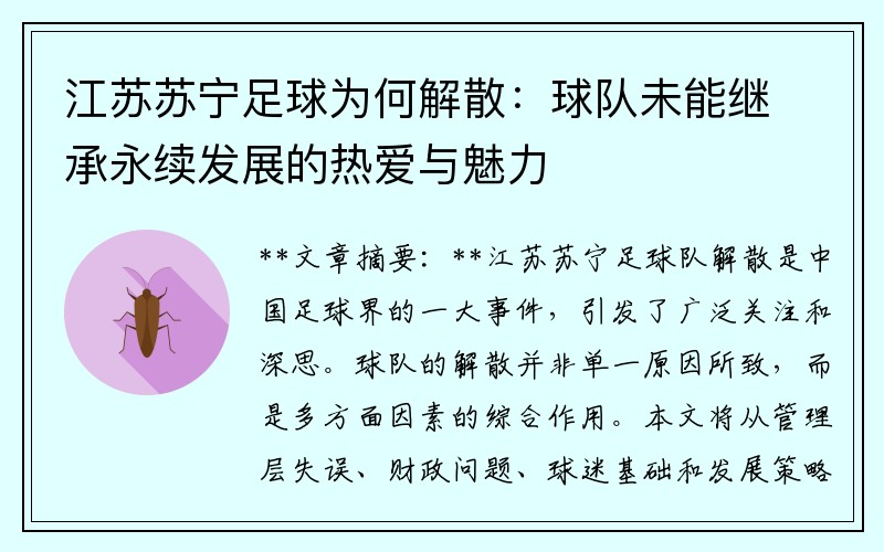 江苏苏宁足球为何解散：球队未能继承永续发展的热爱与魅力